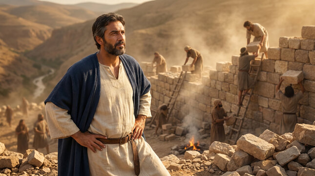 Nehemiah directing workers with determination before the Jerusalem wall in a biblical scene