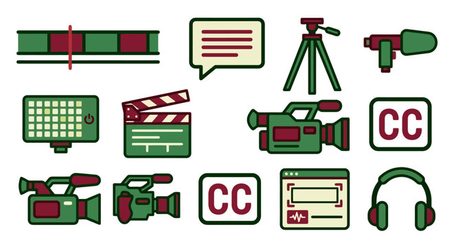 Video production and editing icons set with film strip, camera, clapperboard, and monitor, vector illustration