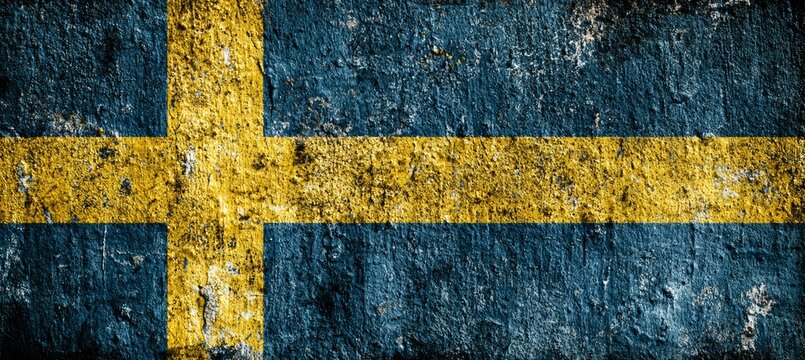 Sweden flag on rough grunge concrete wall texture. Country independence pride. Generative AI technology.	
