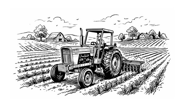 Vintage Farm Tractor Sketch Vector Illustration
