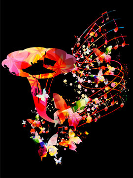  Music background. Retro phonograph horn with music notes, music festival poster, concert events, party flyer