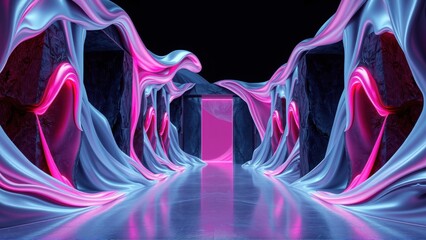 Fototapeta premium Futuristic corridor glows with vibrant pink, blue light. Organic shapes frame polished floor leading toward bright doorway. Dramatic, immersive scene.