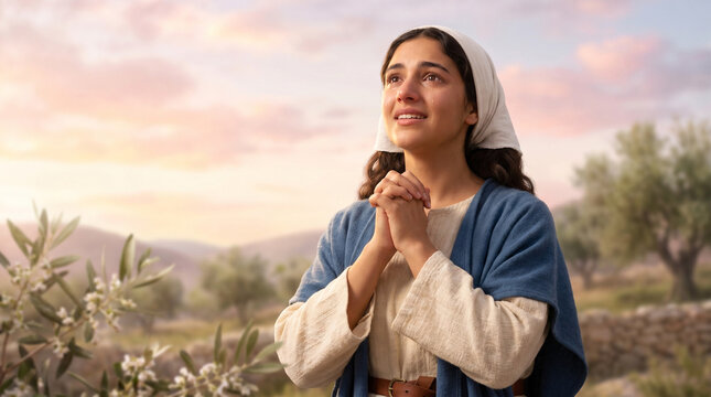 Mary in joyful prayer, singing the Magnificat in a serene garden background