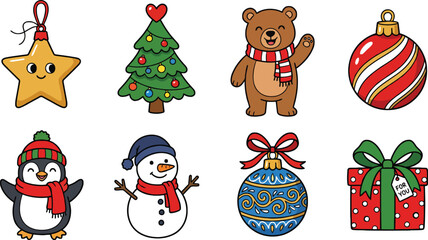 Naklejka premium Christmas ornaments and characters colorful vector illustration on white background