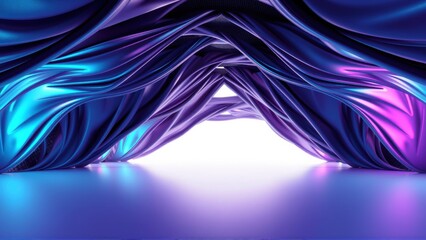 Fototapeta premium Abstract fluid shapes, vibrant purple, blue hues. Dramatic lighting creates cavernous space, futuristic design. Smooth textures, digital rendering.