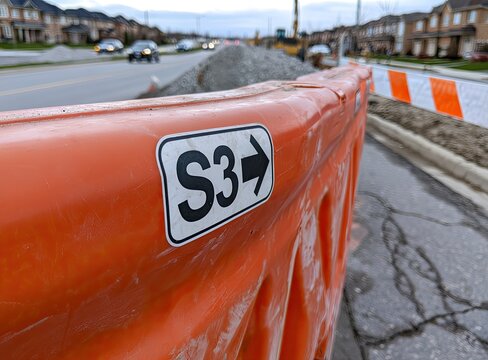Orange construction barrier with directional arrow and text in a suburban street