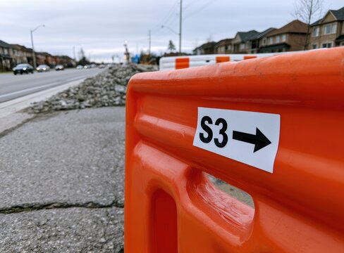 Orange construction barrier with black S3 marker directs traffic on a suburban road