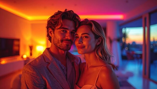 Couple in warm lit room.