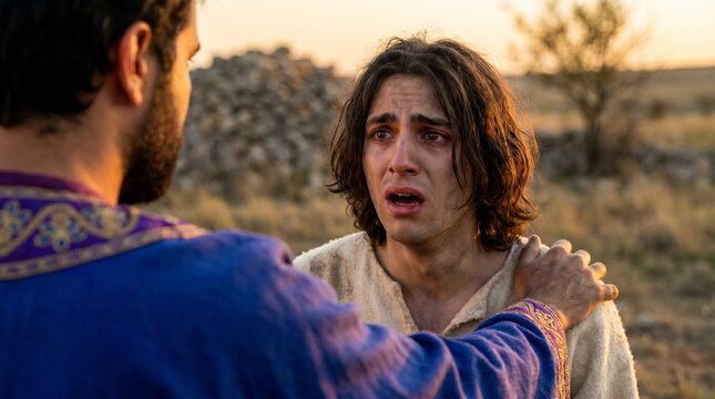Biblical scene: Jonathan warns David, shocked expression, medium shot, over-the-shoulder background