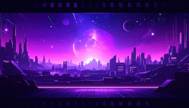 Futuristic cityscape at dusk purple.