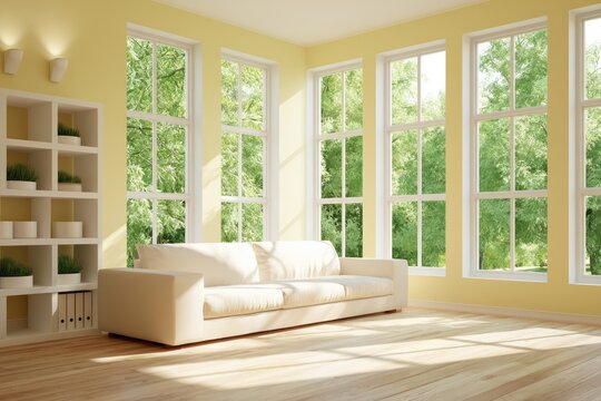 Sun-drenched living room with white sofa, shelves, and large windows