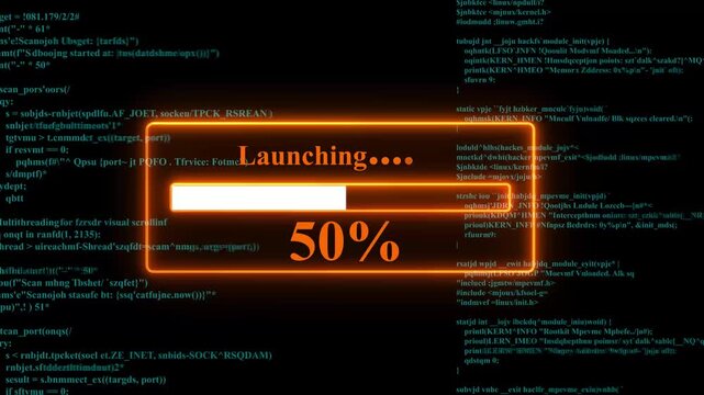 Glowing progress bar shows 100% percent of launching on a background of computer code programming. 4k animation. 4k vedio