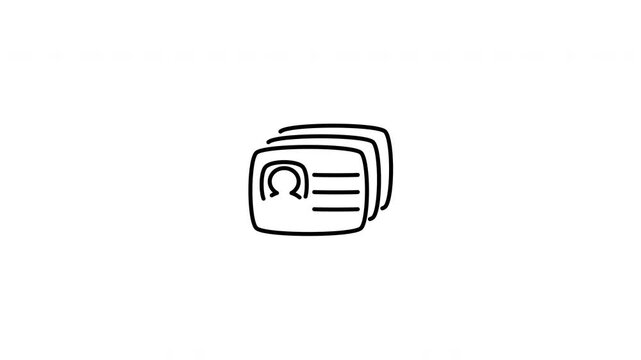 Minimalist outline animation of multiple identity employee badges stacked icon drawing on and fading out. Features a clean pop up style in 3 color setups.