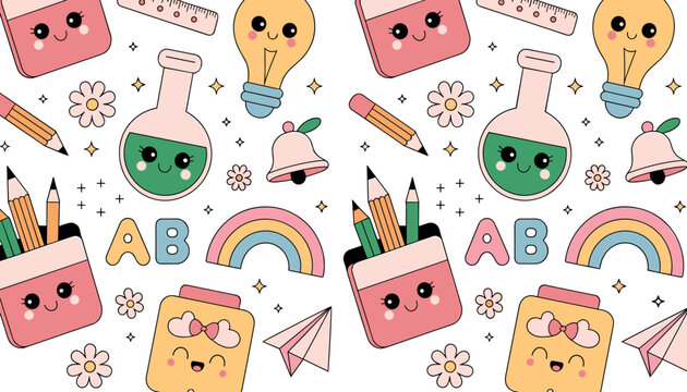 Cute back to school seamless pattern with kawaii education elements pencil holder flask rainbow and lightbulb on white background