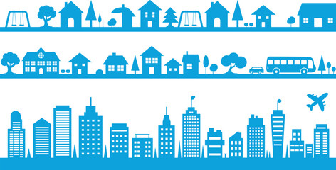 City skyline and suburban neighborhood houses silhouette borders with trees bus and airplane vector illustration on white background © Binoba