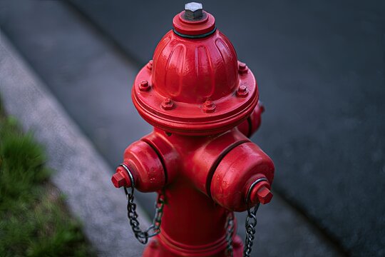 Vibrant red fire hydrant stands guard on a street's edge, ready for action
