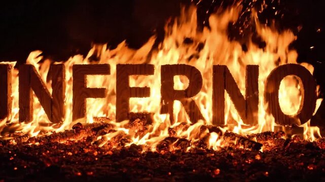 The word inferno written in large wooden letters engulfed in bright orange flames and sparks against a dark background