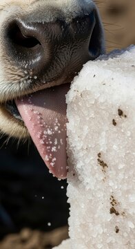 Sheep licking salt block closely.
