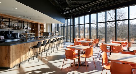 Fototapeta premium Modern cafe interior with large windows, wood bar, and bright orange seating