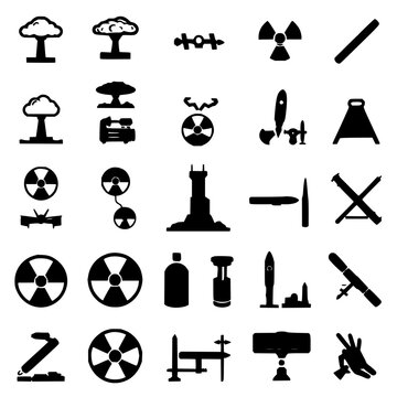 Nuclear weapon symbols set with a 4x4 grid of black and white minimalist vector icons featuring mushroom cloud, atomic symbol, radiation warning signs with bombs and missiles
