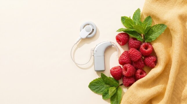 Cochlear Implant Device Near Raspberries and Mint for Disability Pride Month