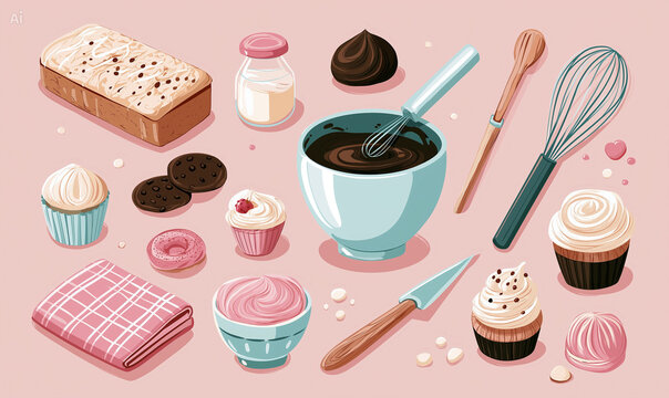 Baking icons on pink background