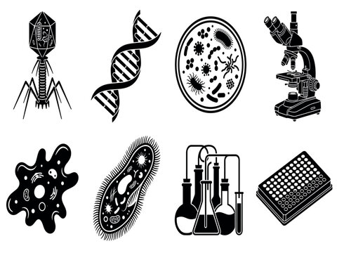 Microbiology and laboratory research science vector icons set featuring bacteriophage virus dna double helix petri dish amoeba paramecium and microscope