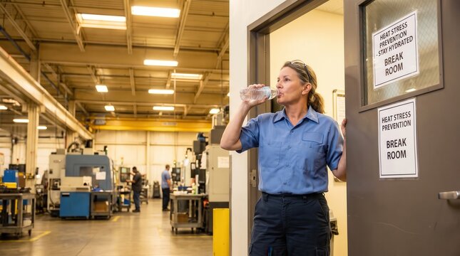 Factory Worker Hydrates During Heatwave Safety Break
