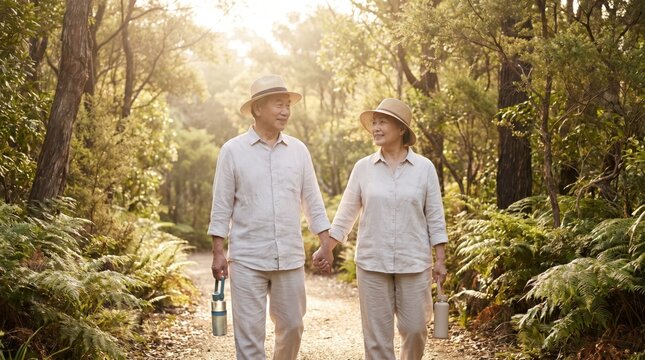 Elderly Couple Walking in Nature for International Self Care Day