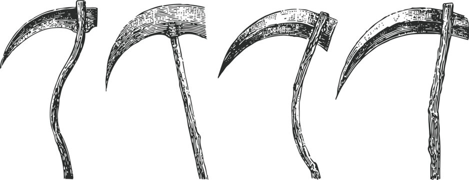 Antique scythe collection vintage agricultural hand tools for harvesting crops illustration