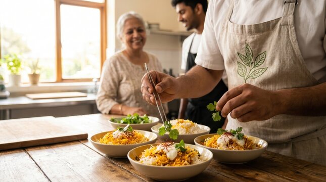 Indian Family Preparing and Garnishing Biryani Dishes for India's Independence Day Celebration