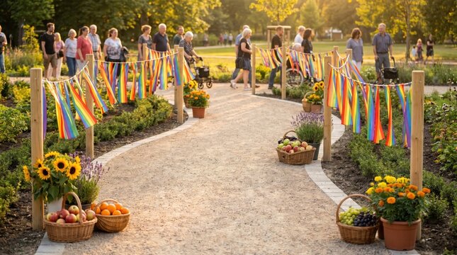 Garden Path with Rainbow Decorations for Disability Pride Month