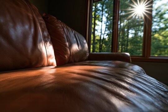 Warm sunbeams highlight a leather couch next to a window with trees outside