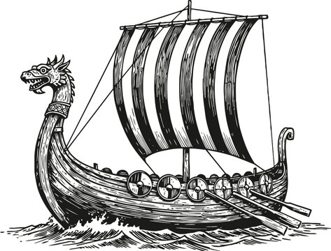 Viking longship sailing with striped sail and dragon figurehead detailed black and white engraving