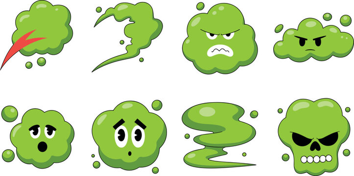 Set of cartoon green gas clouds with angry and toxic facial expressions floating against a clean white background in bright light.