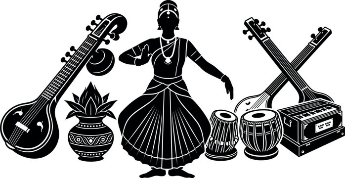 Classical Indian Dance and Music Silhouette Vector Set Featuring Bharatanatyam Dancer, Sitar, Veena, Tabla, and Harmonium Icons for Cultural Performance Graphic Designs