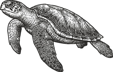 Fototapeta premium detailed sea turtle engraving marine animal illustration with textured shell and flippers