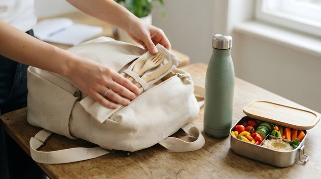Close up of student hands packing a backpack with eco friendly wooden cutlery and healthy lunch box for school or work