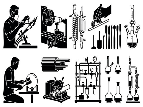 Scientific glassblowing and laboratory glassware crafting icons set featuring lampworking torch glass lathe scoring tools grinding wheels and distillation apparatus