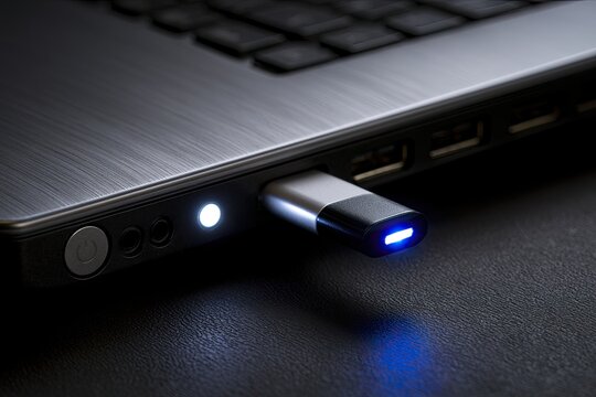 Silver and black USB drive with blue light plugged into a laptop