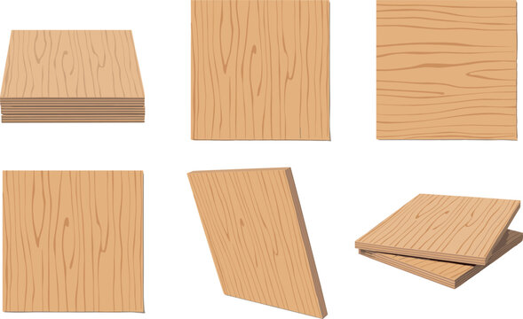 Clean plywood board icons arranged with bright lighting and warm wood grain textures isolated on white background.