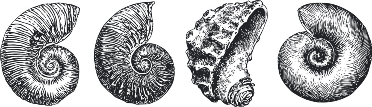 Vintage ammonite fossil illustrations spiral shells geological ancient marine fossils collection