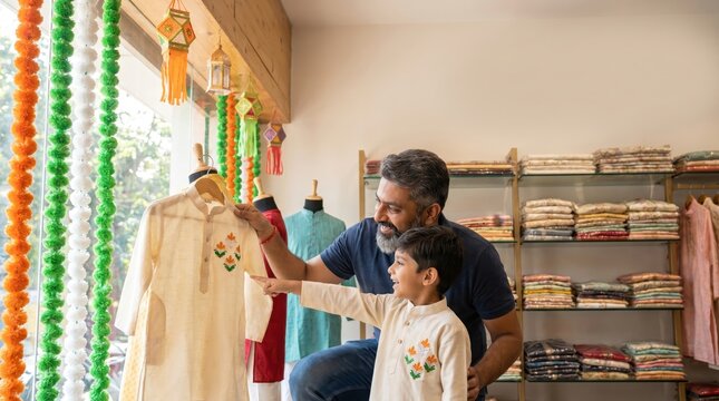 Father and Son Shopping for Traditional Indian Attire in Celebration of India's Independence Day