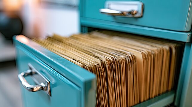 A vintage teal metal filing cabinet with an open drawer full of manila folders