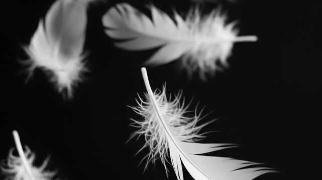 delicate white feathers gently floating and falling against a dark black background symbolizing lightness and purity