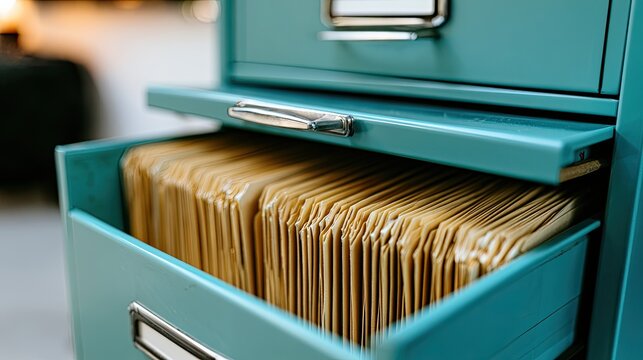 Teal filing cabinet drawer open, filled with tan file folders