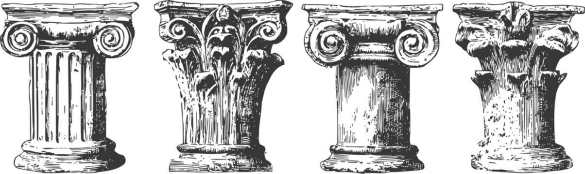engraving classical column capitals greek and roman antique architectural elements vector illustration