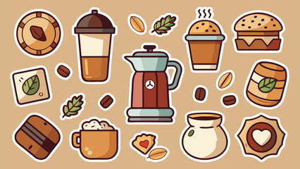 Set of coffee and pastry stickers, warm beverage and dessert illustrations, flat style elements for cafe menu or cozy design © Sadhin07