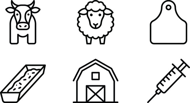 Livestock management cattle icons with sheep barn syringe ear tag