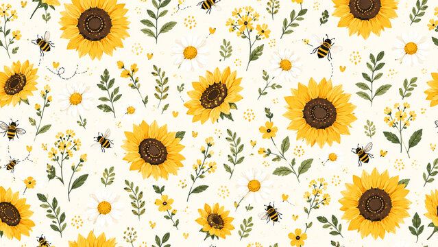 Sunflower seamless summer pattern with bees and wild flowers